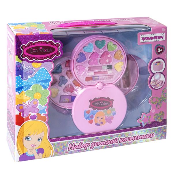 Набор детской декор., косметики Bondibon Eva Moda, BOX 35х29х8,5 см; косметичка-диск; тени для век - 7шт.(7г) / румяна -2шт.(4г) / губная помада -3шт.(1,8г) / блеск для губ-7шт.(5г) / лак для ногтей -2шт.(10мл) / наклейка для ногтей- 1шт. / пилочка для но