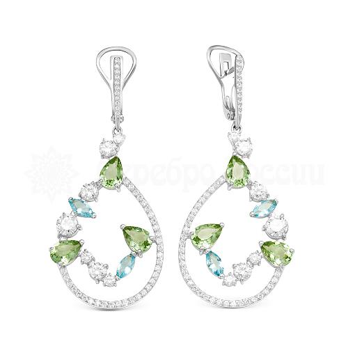 Серьги из серебра с кварцем и фианитами родированные 925 пробы с-3137р