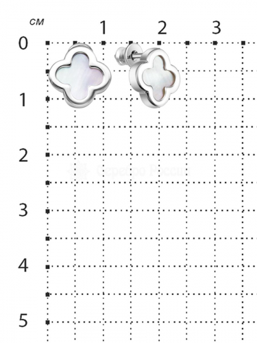 Серьги-пусеты в форме клевер гвоздики из серебра с камнем перламутр родированные кол. Clover time 925 пробы 421-10-402-1р