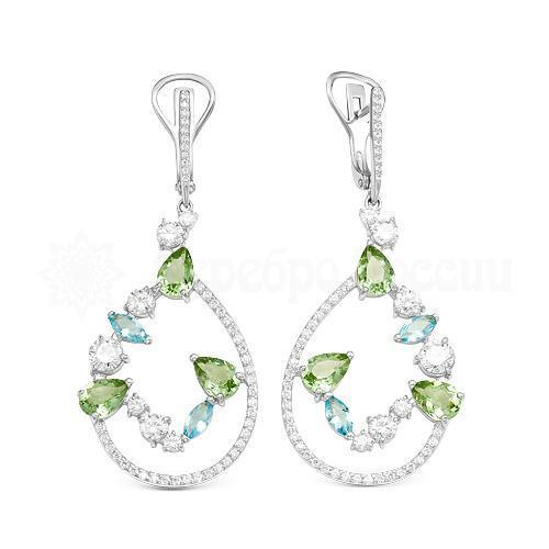 Серьги из серебра с кварцем и фианитами родированные 925 пробы с-3137р