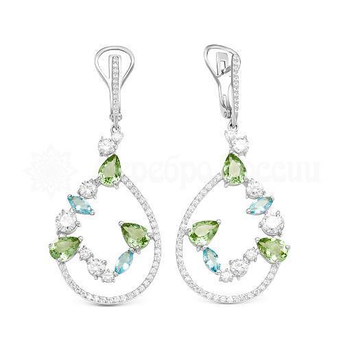 Серьги из серебра с кварцем и фианитами родированные 925 пробы с-3137р
