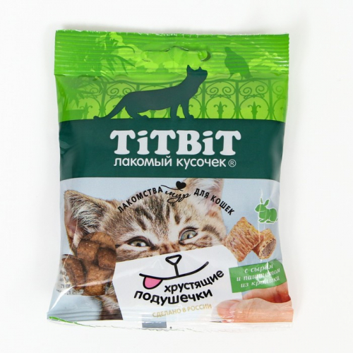 Лакомство для кошек Titbit Хрустящие подушечки, сыр/пает из кролика, 30 г