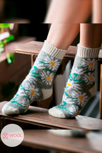Бабушкины носки, Женские шерстяные носки с ромашками, милая теплая моделька, не колючие