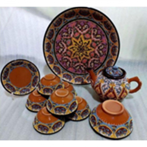 Набор чайный (блюдо, чайник, пиала 6шт) Бисер коричневый Риштанская керамика