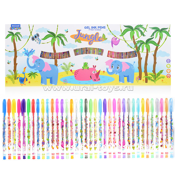 Набор ручек гелевых с блёстками Jungle, с ароматизированными чернилами, 36 цв., пулевидный пиш.узел 0.9 мм, корпус пластиковый цветной,