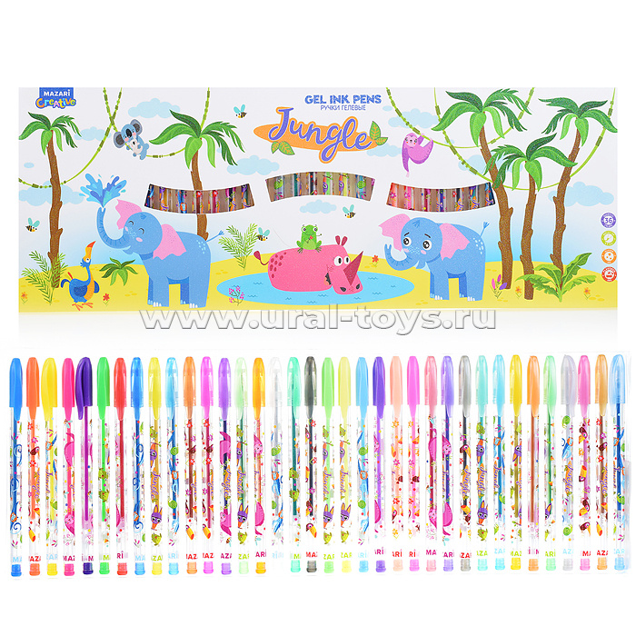 Набор ручек гелевых с блёстками Jungle, с ароматизированными чернилами, 36 цв., пулевидный пиш.узел 0.9 мм, корпус пластиковый цветной,