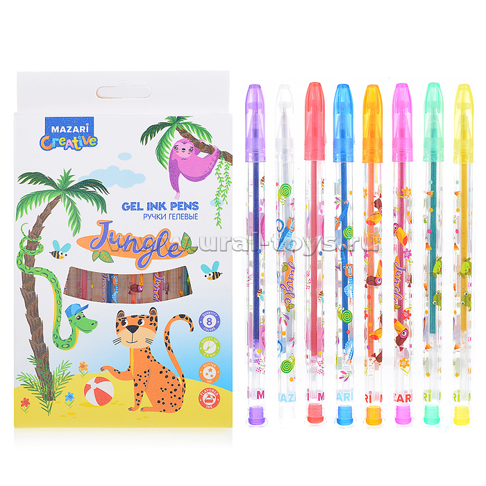 Набор ручек гелевых с блёстками Jungle, с ароматизированными чернилами, 8 цв., пулевидный пиш.узел 0.9мм, корпус пластиковый цветной.
