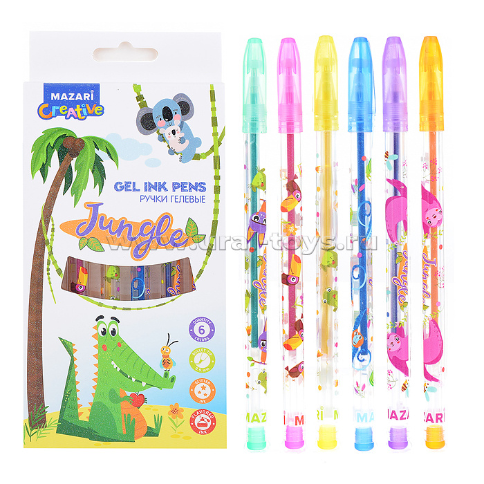 Набор ручек гелевых с блёстками Jungle, с ароматизированными чернилами, 6 цв., пулевидный пиш.узел 0.9мм, корпус пластиковый цветной