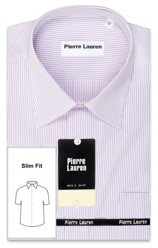 1080TSFK Приталенная мужская рубашка в сиреневую полоску с коротким рукавом Slim Fit