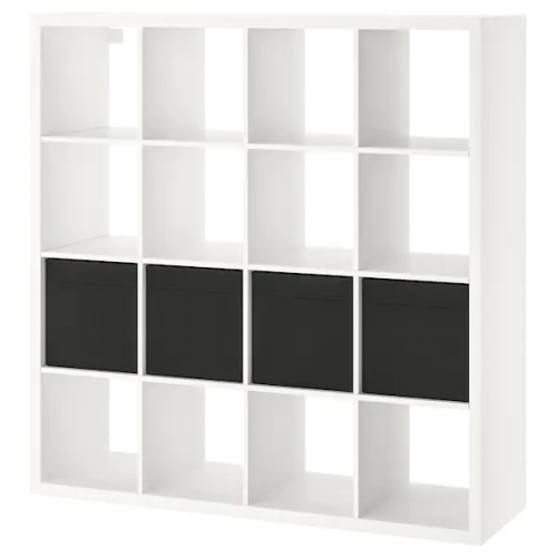 KALLAX КАЛЛАКС, Стеллаж с 4 вставками, белый/черный, 147x147 см