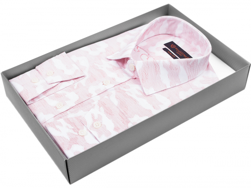 Розовая приталенная мужская рубашка Poggino 7000-53 в абстракции с длинными рукавами