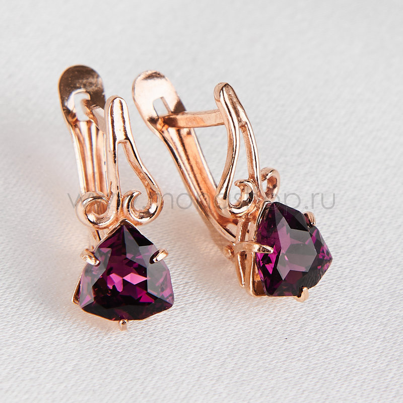 Серьги Райские сады с фиолетовыми камнями-треугольниками Swarovski