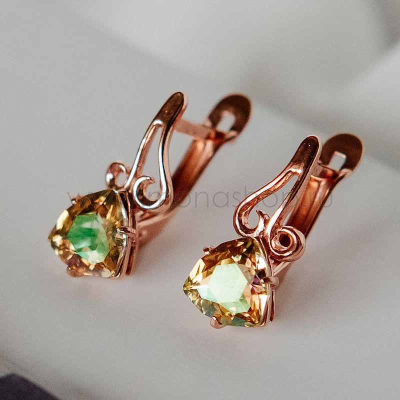 Серьги Райские сады с камнями-треугольниками Swarovski цвета шампань