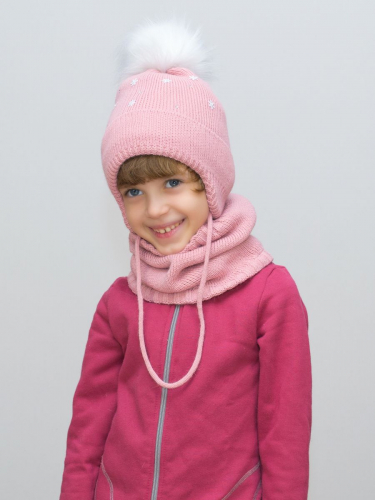 Комплект зимний для девочки шапка+снуд Снежка (Цвет пудровый), размер 50-52, шерсть 30%