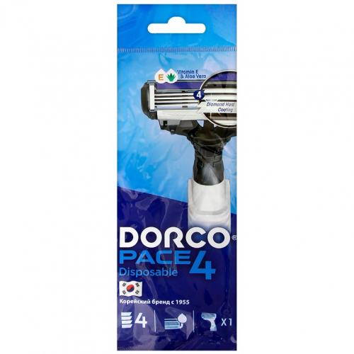 DORCO Бритвенный одноразовый станок PACE4 1шт. с плавающей головкой с 4лезвиями и увлажняющей полосой, прорезиненная ручка