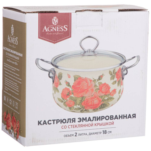КАСТРЮЛЯ AGNESS ЭМАЛИРОВАННАЯ СО СТЕКЛ. КРЫШКОЙ СЕРИЯ 