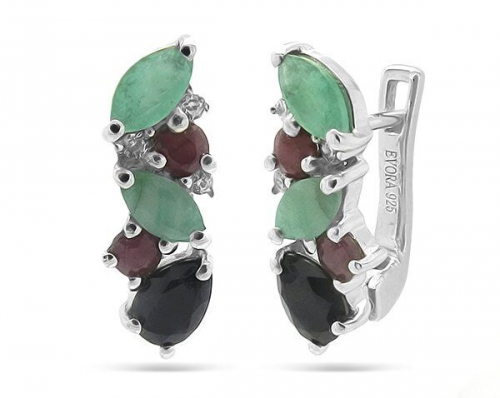 Серьги из серебра изумруд, рубин, сапфир, Аделина