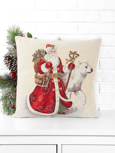Дед Мороз и белый мишка золотой люрекс Наволочка 44х44 см 0147