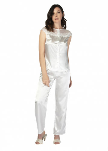 BN9002 Комплект Bondy сатиновый блузка и брюки с кружевом белый