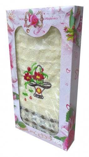 Полотенце крупная вафелька ЦВЕТОК вышивка в ассортименте в подарочной коробке 1 пр р-р 27х50