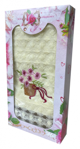 Полотенце крупная вафелька ЦВЕТОК вышивка в ассортименте в подарочной коробке 1 пр р-р 27х50