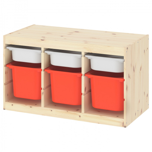 TROFAST ТРУФАСТ, Комбинация д/хранения+контейнеры, светлая беленая сосна белый/оранжевый, 93x44x52 см