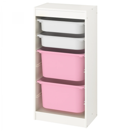TROFAST ТРУФАСТ, Комбинация д/хранения+контейнеры, белый/белый розовый, 46x30x94 см
