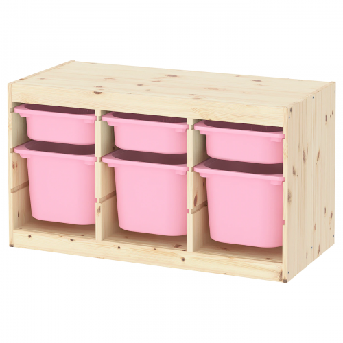 TROFAST ТРУФАСТ, Комбинация д/хранения+контейнеры, светлая беленая сосна розовый/розовый, 93x44x52 см