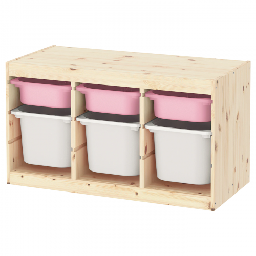 TROFAST ТРУФАСТ, Комбинация д/хранения+контейнеры, светлая беленая сосна розовый/белый, 93x44x52 см