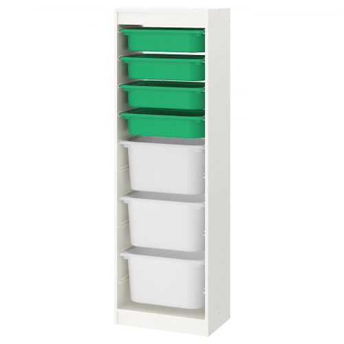 TROFAST ТРУФАСТ, Комбинация д/хранения+контейнеры, белый/зеленый белый, 46x145 см