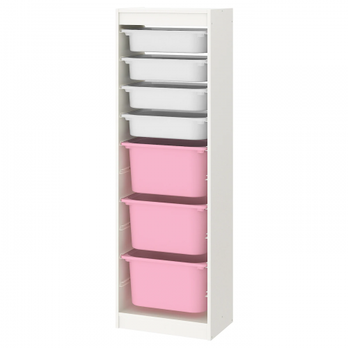 TROFAST ТРУФАСТ, Комбинация д/хранения+контейнеры, белый/белый розовый, 46x145 см