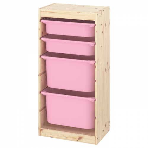 TROFAST ТРУФАСТ, Комбинация д/хранения+контейнеры, светлая беленая сосна/розовый, 44x30x91 см