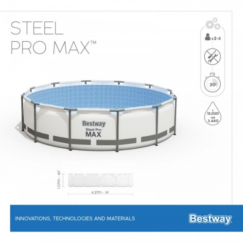 56950 BW, Bestway, Каркасный бассейн Steel Pro Max 427х107см, 13030л, фил.-насос 3028л/ч, лестница, тент, уп.1