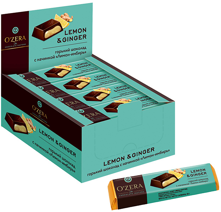 «O'Zera», шоколадный батончик Lemon & Ginger, 50 г (упаковка 20 шт)