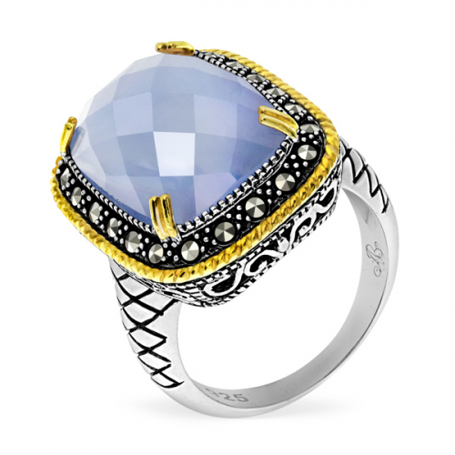 Серебряное кольцос голубым кварцем, перламутром, марказитами Swarovski, позолото