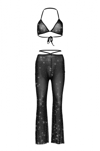 Комплект женский сетчатый со стразами бюстгальтер расклешенные штаны эротическая одежда 