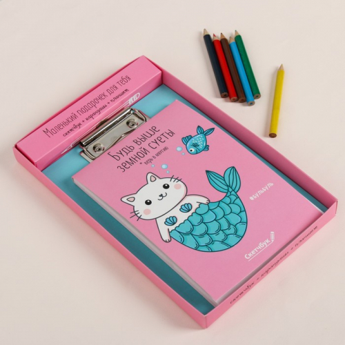 Набор «Котик»: скетчбук, планшет и цветные карандаши, 6 шт., 24 × 15,5 × 2,1 см