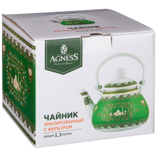 ЧАЙНИК AGNESS ЭМАЛИРОВАННЫЙ СО СЪЕМНЫМ ФИЛЬТРОМ ИЗ НЖС,  СЕРИЯ СУРА, 1,3 Л