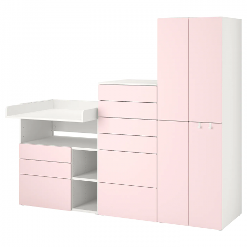 SMÅSTAD СМОСТАД / OPPHUS ОПХУС, Комбинация д/хранения, белый бледно-розовый/с пеленальным столиком, 210x79x181 см