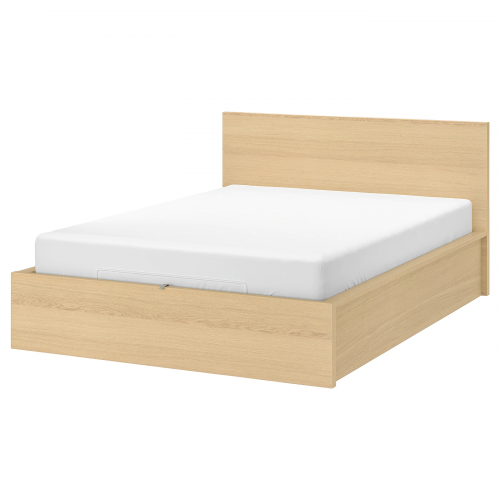 MALM МАЛЬМ, Кровать с подъемным механизмом, дубовый шпон, беленый, 180x200 см