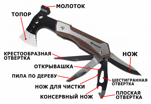 Универсальный топор-молоток 10в1 +нож,2отверт,консер. нож,ключ,скалер,открыв.,пила,в чехле(021H)
