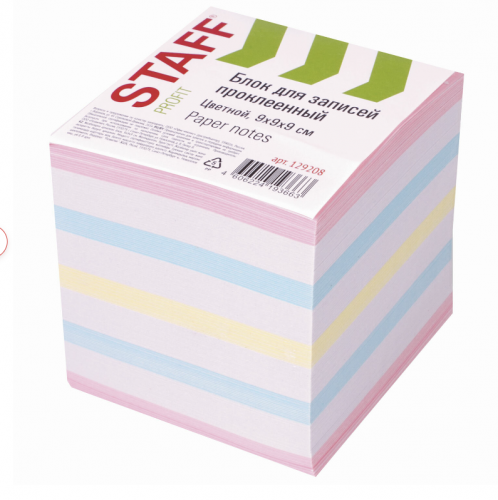 Блок для записей STAFF проклеенный, куб 9х9х9 см, цветной, чередование с белым, 129208