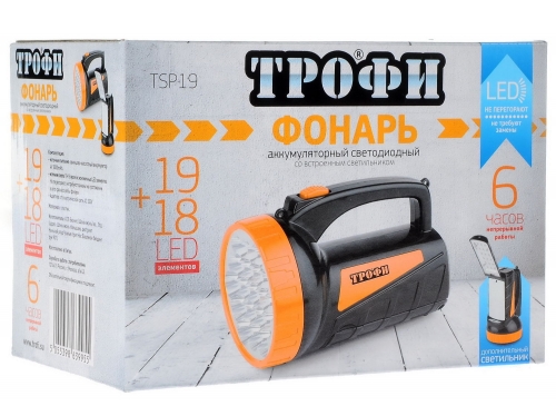 ТРОФИ фонарь-прожектор TSP19 (акк. 4V 2Ah) 19св/д+18св/д, черный+оранж./пластик, 2 режима, з/у 220V