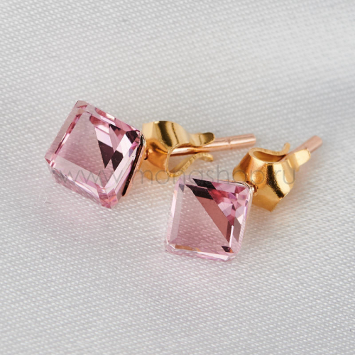 Серьги-гвоздики Миражи с розовыми кристаллами-кубиками Swarovski