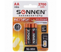 Батарейки аккумуляторные SONNEN, АА (HR06), Ni-Mh, 2700 mAh, 2 шт., в блистере, 454235