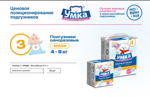 Подгузники одноразовые для детей MIDI 3/M 4-9 кг small-pack УМКА, 16 шт.