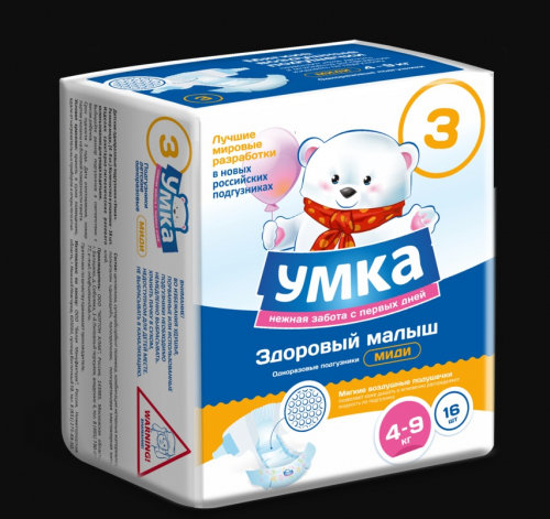 Подгузники одноразовые для детей MIDI 3/M 4-9 кг small-pack УМКА, 16 шт.