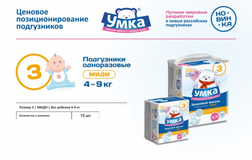 Подгузники одноразовые для детей MIDI 3/M 4-9 кг mega-pack УМКА, 72 шт.