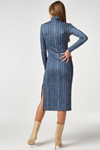 Платье трикотажное миди с длинным рукавом в полоску на синем