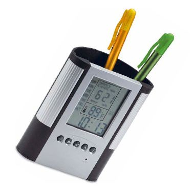 Подставка для ручек с термометром, будильником и часами